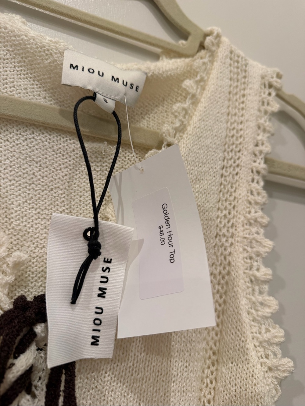 Miou Muse Cream V‑Neck Crochet Trim Knit Tank - Picture 3 of 4